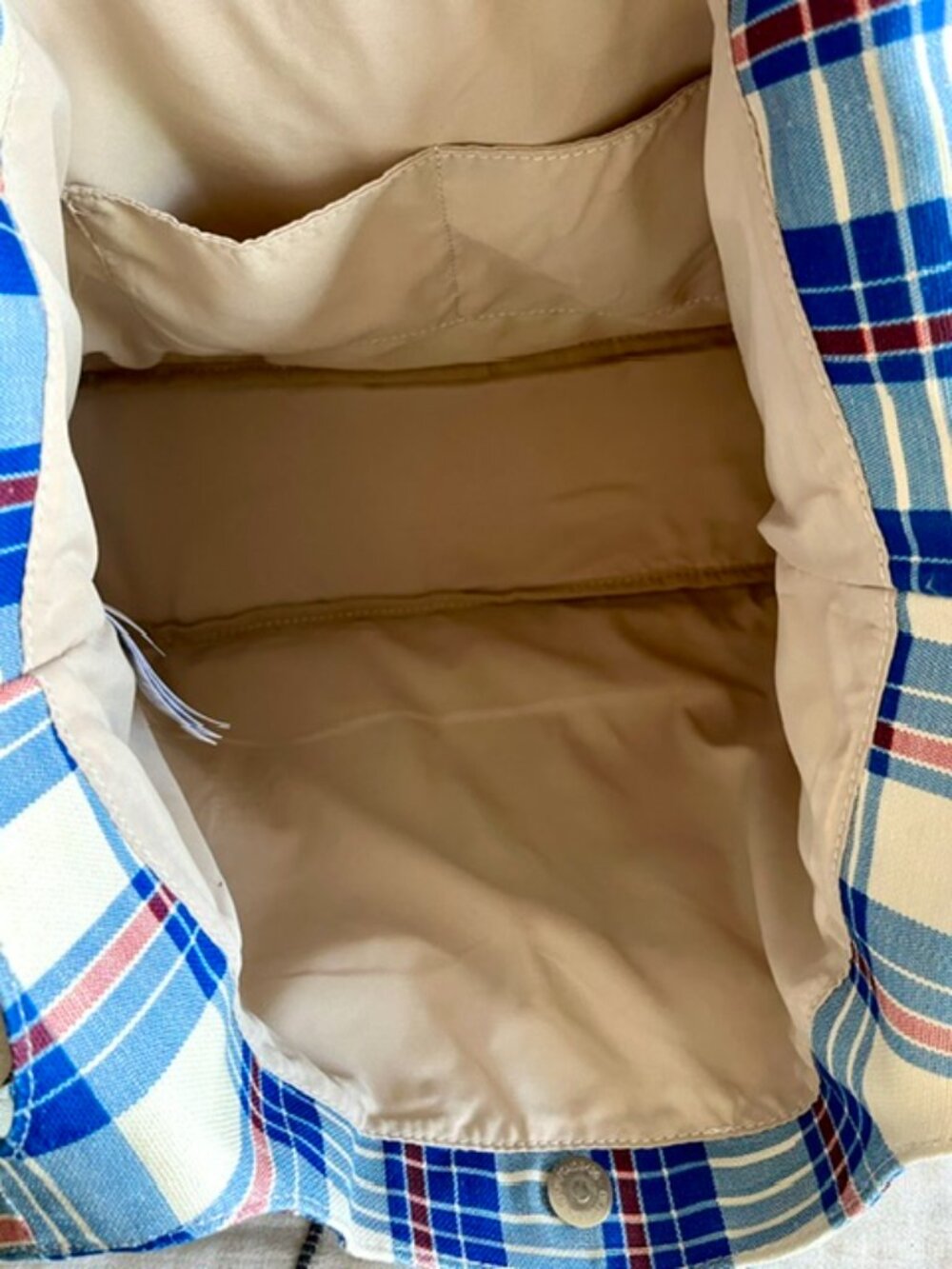 GAP Linen Cotton Tote Bag in Blue Madras Plaid - Picture 8 of 9